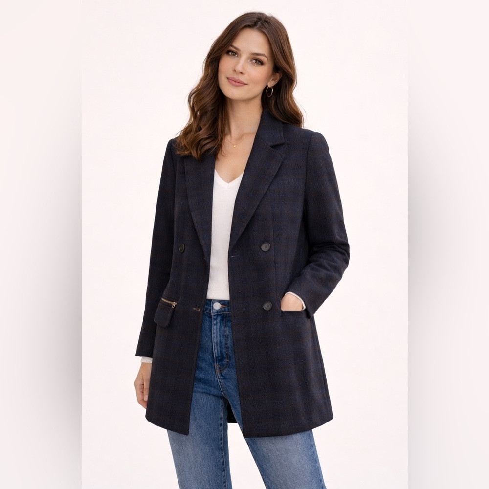 Just Female August Wool Blend Navy Black Plaid Double Breasted Coat S